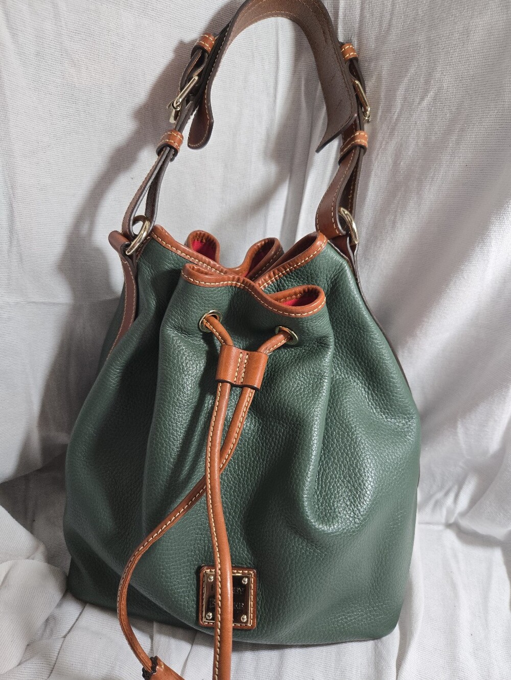 Dooney & Bourke Green Leather Drawstring Hobo with Tan Vaquetta Trim